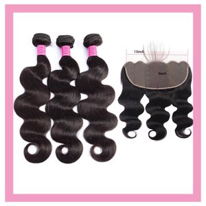 Capelli vergini brasiliani 3 pacchi con 13X6 pizzo frontale pre pizzicato estensioni dei capelli dell'onda del corpo 4 pezzi economici trame di capelli umani di Remy con frontali