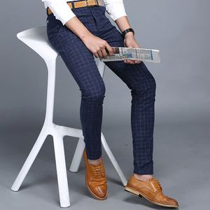 2020 Plaid Check Pant Slim Fit Blue Costume Homme Summer Dress Pants for Men Pantalon De Vestir Hombre