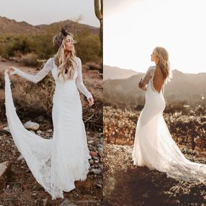 Elegant V Neck Lace Boho Mermaid Wedding Dresses 2020 Long Sleeves Backless Illusion Ruched Wedding Bridal Gowns Fashion New Wedding Gowns
