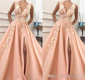 A Line Long Evening Dresses Glamorous Pink Flora Split Celebrity Holiday Women Wear Formal Party Prom Gowns Custom Made Plus Size