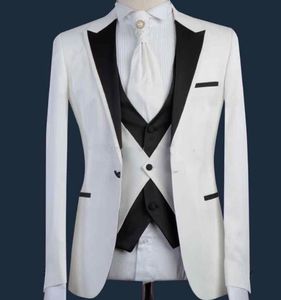 Weißer Bräutigam-Smoking mit spitzem Revers, Trauzeuge, Hochzeit, 3-teiliger Anzug, modisch, für Herren, Business, Abschlussball, Party, Jacke, Blazer (Jacke + Hose + Krawatte + Weste) 2270