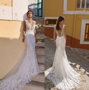 Lian Rokman 2019 Brautkleider Illusion V-Ausschnitt Sexy Meerjungfrau Brautkleider Sweep Zug rückenfrei Strand Brautkleid Spitze