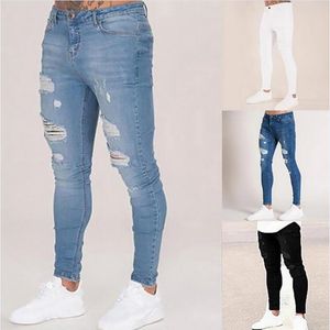 Mäns Jeans Mens Solid Färg Höst 2021 Fashion Slim Pencil Denim Byxor Sexig Casual Hole Ripped Design För Män Streetwear