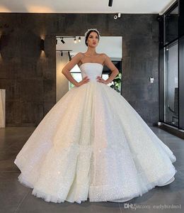 Luxury Sparkly Arabia Dubai Plus Size Sequined Ball Gown Wedding Dresses Pleats Strapless Wedding Dress Bridal Gowns