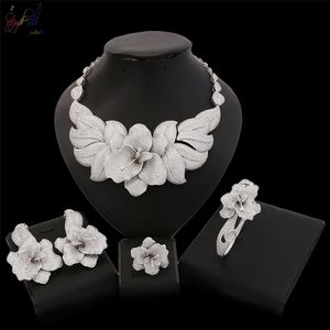 Yulaili Luxury American Cubic Zirconia Silver Color Flower Shape Necklace Bracelet Earring Ring Wedding Bride Jewelry Sets Wholesale