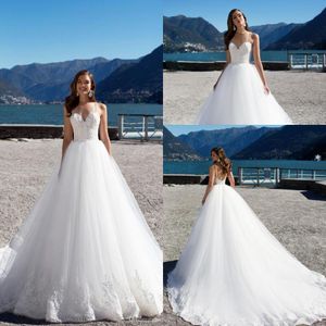 Eleganckie Białe Koronkowe Suknie Ślubne Spaghetti Paski Backless Soft Tulle Summer Beach Czeski Suknie ślubne Tanie suknie ślubne