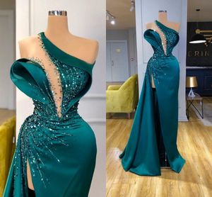 Satin Shoulder Ruched One Sequined Evening Gowns 2020 Illusion Sexy High Split Backless Prom Dress Sweep Train Party Formal Wear AL5501
