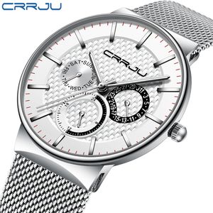 Mens Watches CRRJU Top Brand Luxury Waterproof Ultra Thin Date Clock Male Steel Strap Casual Quartz Watch White Sport WristWatch LY191226