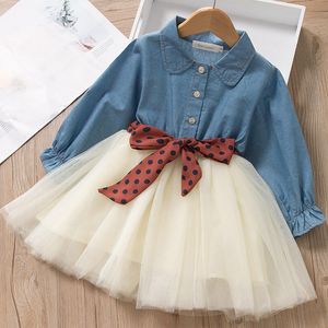 Baby girls denim skirts long sleeve wash blue denim tutu dress with dots waist belt new design children girl boutiques clothes