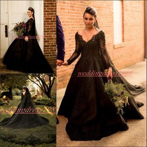 Exquisite Gothic Black V-Neck Wedding Dresses Sequins Applique 2019 Long Sleeve African Plus Size robe de mariée Bridal Ball Gowns For Bride