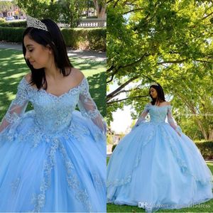 Gorgeous Sky Blue Lace Ball Gown Quinceanera Prom Dresses Beaded Off Shoulder V-neck Long Sleeves Tulle Evening Party Sweet 16 Dre256O