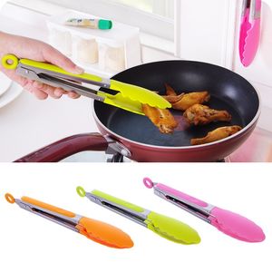 Pinças de Silicone Alça de Aço Inoxidável 8 Polegadas Cozinha Comida Espátula Clipe Acampamento Gancho Pendurado Cozinhar CHURRASCO Tong Cozinha Gadget