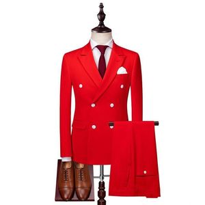 Brand New Red Groom Tuxedos Double-Breasted Groomsmen Wedding Tuxedos Men Formal Dinner Party Prom Blazer Suit (Jacket+Pants+Tie) 1056