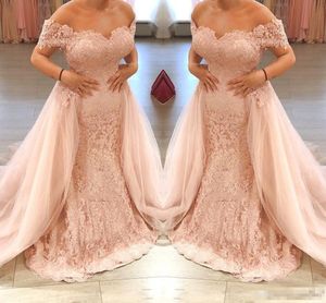2019 Elegancki Blush Różowy Długie Suknie Wieczorowe Koronki Tulle Formalne Dresses Off Ramię Syrenki Party Party Suknie