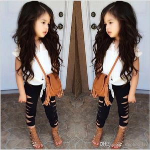 2019 New Summer Girls Clothing Sets Baby Girl Lace Sleeveless T-shirt Top+Shredded Leggings Pants 2pcs Set Kids Outfits Children Suit