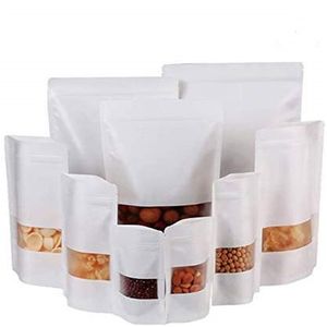 Sacchetti stand up Kraft bianchi Sacchetti di carta riutilizzabili con cerniera con finestra per sacchetti per biscotti snack
