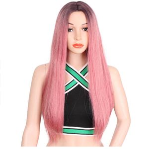 Lång rosa blondin svart grå naturvåg mörka rötter syntetiska peruker för svart kvinnor middle del cosplay falskt hår