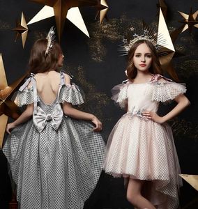 Fall Winter 2020 Flower Girls Dresses Short Sleeve Bateau Neck Girls Pageant Gowns Hi Lo Gorgeous Formal Prom Dresses