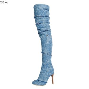 Rontic New Women Over The Knee Boots Denim Cloth Stiletto High Heels Stövlar Runda Toe Blå Casual Skor Kvinnor Plus US Storlek 5-15