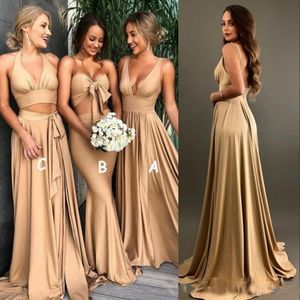 Seksowne złote suknie dla druhen linia V Neck długie Boho country beach suknie Maid of Honor Plus rozmiar gość weselny nosi