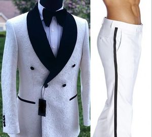 Custom Made Men Suits Branco Padrão Noivo Smoking Xaile Velvet lapela Groomsmen Wedding Best Man 2 peças (jaqueta + calça + empate) L480