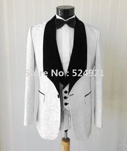 Custom Made Groomsmen White Wzór Groom Tuxedos Szal Czarny Lapel Mężczyźni Garnitury Side Vent Wedding / Prom Best Man (Kurtka + Spodnie + Kamizelka + Kamizelka) K997