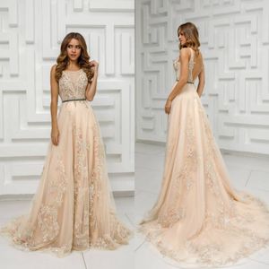 2020 Modest Beautiful Jewel Sleeveless Backless A Line Evening Dresses Lace Applique Sequins Formal Dresses Sweep Train Party Gown