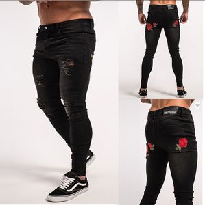 Mens Jeans High Street Print Pants Male Slim Flower Pants Slim Feet Jeans Color Black Plus Size S-3XL