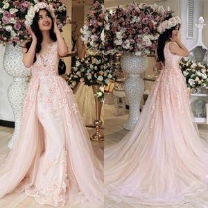 2020 Yeni Allık Pembe Denizkızı üst etek Gelinlik Modelleri ile Ayrılabilir Tren Dantel Çiçek Şeffaf Boyun Romantik Abiye Giyim Vestido de fiesta