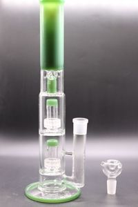 New Double Reflow Glass Bongs Hookahs 15 Inch Emerald Big Bong Oil Dab Rigs Water Pipes with Ice Pinch Straight Tube Smoking Tool