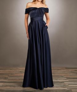 atin floor length A-line dress with a draped bodice and off the shoulder neckline Bridesmaid Dresses with Pockets