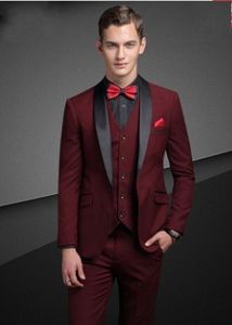 Handsome One Button Burgundy Groom Tuxedos Shawl Lapel Men Wedding Party Groomsmen 3 pieces Suits (Jacket+Pants+Vest+Tie) K133