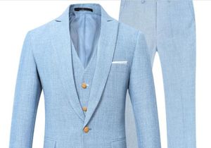 Arrival Sky Blue Linen Men Suits Latest Design Slim Fit Wedding Suit 3pcs Custom Made Prom Casual Tuxedos Men Suits