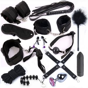 Stimulieren Sie Bondage Fesseln BDSM Sex Handschellen Peitsche Metall Anal Plug mit Vibrator Erotikspielzeug für Paare Erwachsene T200519