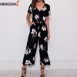 Mode Kvinnor Romper Ny Sommar Jumpsuit Plus Size Loose Casual Beach Wear Printed Pocket Sashes Jumpsuit Overells Office Lady Y19060501
