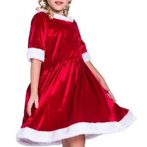 Liten Santa Claus Half Sleeve Röd Swing Dress And Hat Set Barn Jul Kostym Outfit för Girls Velvet Loose Christmas Clothes S m l