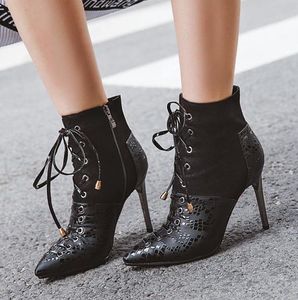 2022 New Fashion Plus Boots Size 33 34 to 42 43 Black Stone Grain Pointy Toe High High Cheels Boots