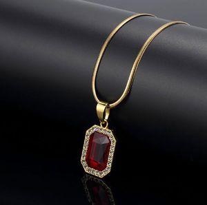 Röd Lab Ruby rektangel GEM hänge Bling Simulerade diamanter Ruby smycken 18K gult guldpläterat halsband Snake Bone kedja