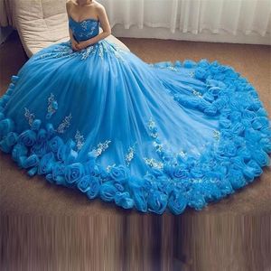 Luxo Azul Royal 2019 Vestidos de Baile 3D Flores Apliques Querida Pescoço Sweep Train Evening Vestidos Lace Up Vestido Formal Do Partido