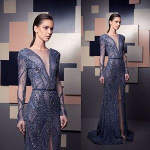 2019 Ziad Nakad Prom Dresses Sexy Deep V Neck Front Split Lace Beaded Sequins Sheath Evening Dress Customized Special Ocn Gowns