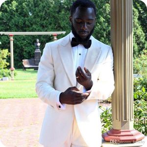 Ivory One Button Groomsmen Peak Lapel Wedding Groom Tuxedos Men Suits Wedding/Prom/Dinner Best Man Blazer(Jacket+Bowtie+Pants)