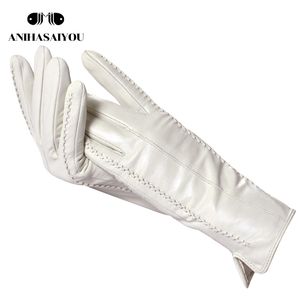 Vijf vingers handschoenen wit leer dames echt lederen katoenen voering warme mode lederen handschoenen