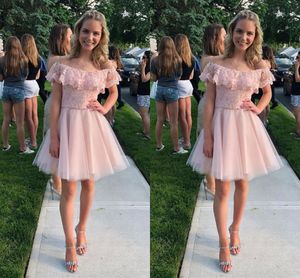 Blush Różowy koronki krótkie sukienki BOHO z ramienia Aplikacja z koralikami Crystal Sashes Cocktail Party Dress for Girls Homecoming Sukienka