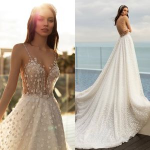 Boncuk Gelin Giydirme vestido de novia ile 2020 Backless Tül Gelinlik Spagetti sapanlar Aplike Plaj Gelinlikler