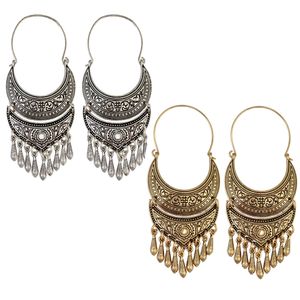 Bohemian Vintage Style Sun Flower Carved Fashion Hoop Earrings with Alloy Bead Dangle Drop Earrings For Women Jewelry