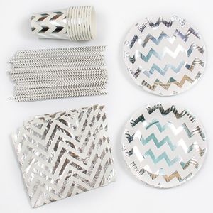 85pcs srebrna fala fali jednorazowe zestawy stołowe papierowe kubki Serwetki Baby Shower Favoring Słomka Dokorta na przyjęcie weselne