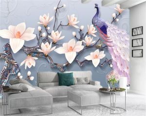 3d Wallpaper Desigs para sala de estar em 3d magnólia em relevo costume pavão belas flores pavão Silk Mural Wallpaper