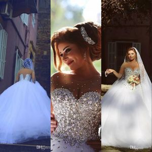 Cheap Sexy Ball Gown Wedding Dresses Arabic Crystal Beaded Sheer Neck Long Sleeves Said Mhamad Corset Back Court Train Tulle Bridal Gowns
