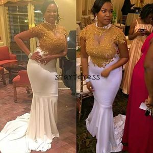 Plus Size African White Prom Dresses Mermaid High Neck Short Sleeves Modest Long Cheap Elegant Evening Formal Dress Gold Applique 2018 Party