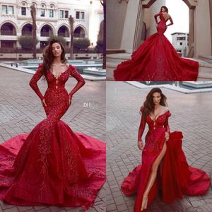 Sparkly Luxury Evening Dresses Indian Mermaid Reception Gothic Prom Dress Long Sleeve Cheap Pärled Muslim Plus Size Party Gowns 2019